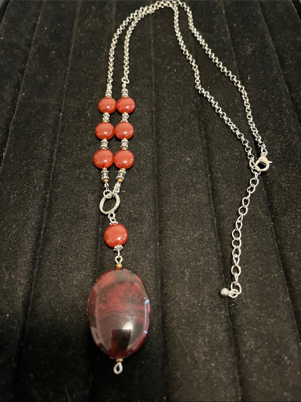 L👀K 3 for $10 Reddish/Black/ Silver-tone Beaded Pendant Necklace
